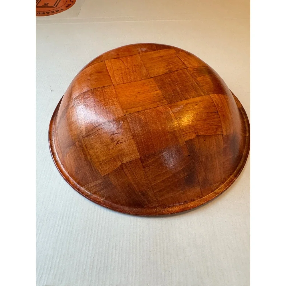 Vintage Large Woven Wood Salad Bowl 14 Inch Mid Century Serving Bowl Brown